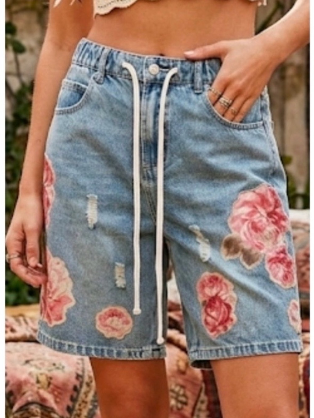 Embroidered Floral Denim Drawstring Shorts - Blue - Picture 2 of 8